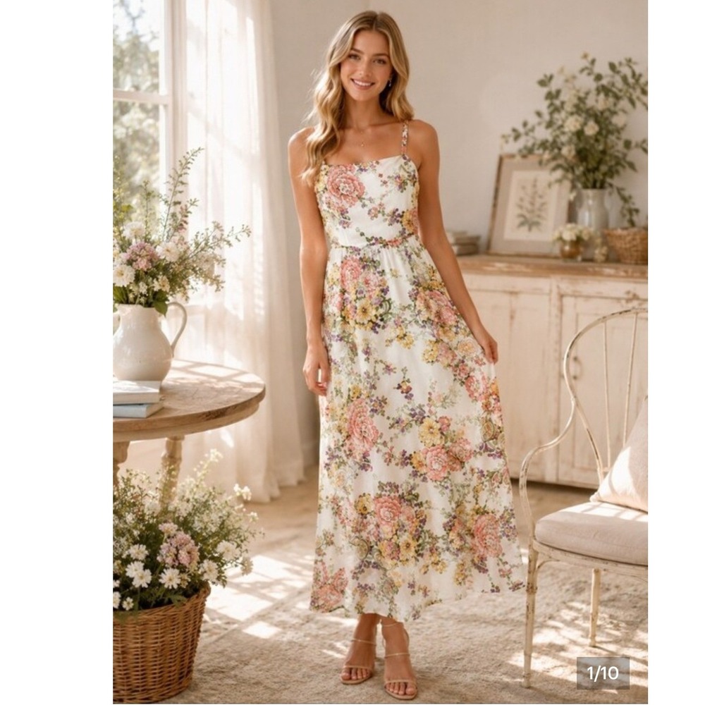 3rd + Malt Floral Open Back Maxi Dress XL Cottagecore Garden Boho Romantic